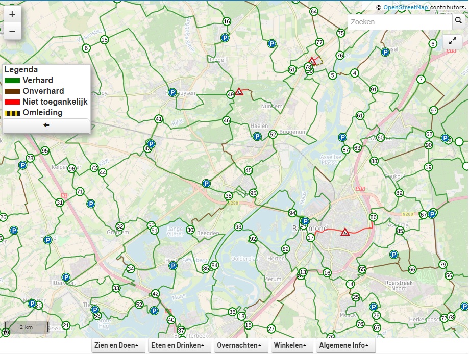Kaart met knooppunten uit de fietsrouteplanner