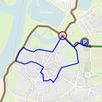 Uitsnede van een kaart met daarop de uitgestippelde route van de Stadstour Stevensweert.